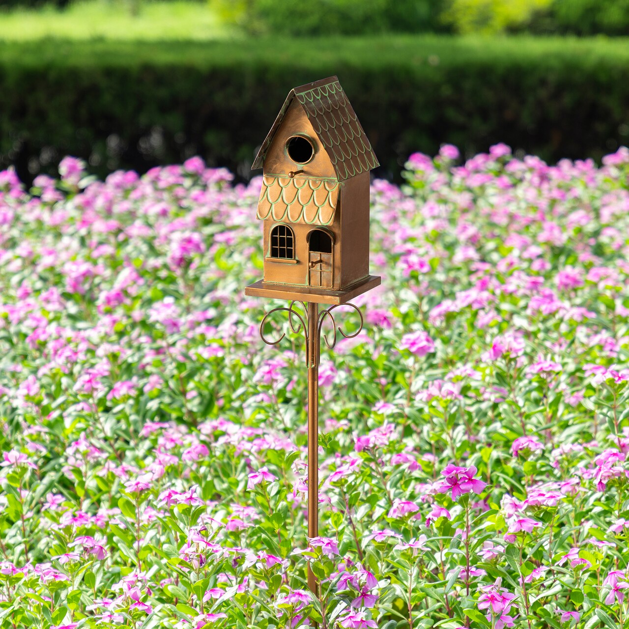 Set of 2 53''H Farmhouse Faux Copper 2-Tiered Distressed Metal Decorative Garden Birdhouse with Stake